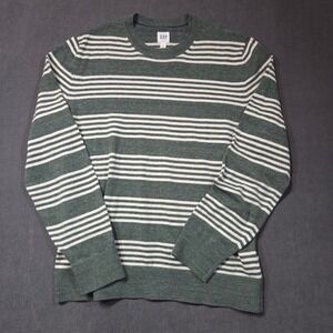 GAP Mainstay Crew Sweater Mens Medium Winter Forest Green White Striped Knit